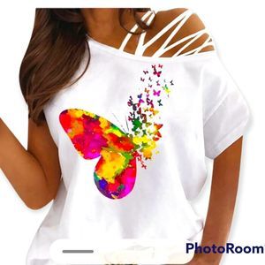 SHEIN Curve Accent Shoulder Short Sleeve Plus Size Butterfly Design Tunic.